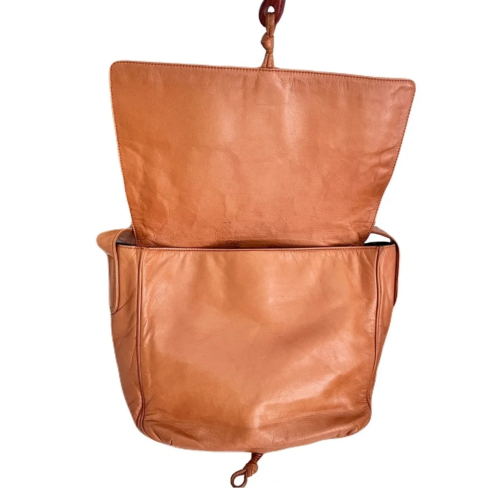 Vintage Loewe Amber Brown Leather Flap Shoulder Bag with Wooden Fishhook